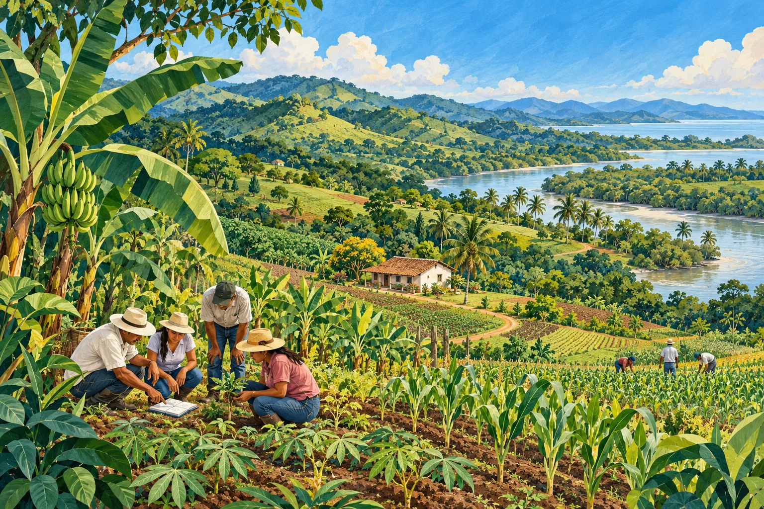 Ilustración del campo colombiano con cultivos, agua y personas aprendiendo en comunidad